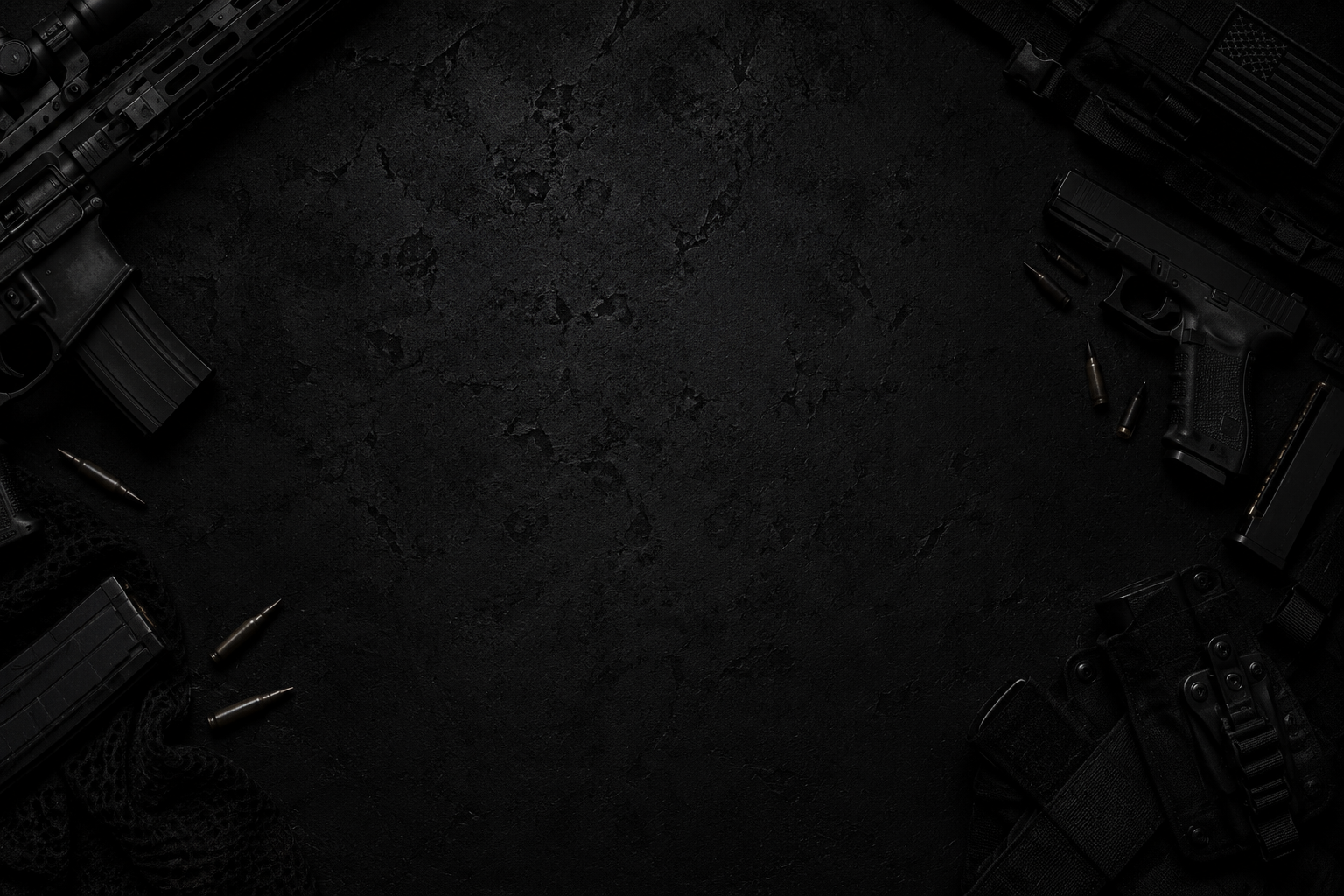 Dark textured surface with various items including guns and ammunition.